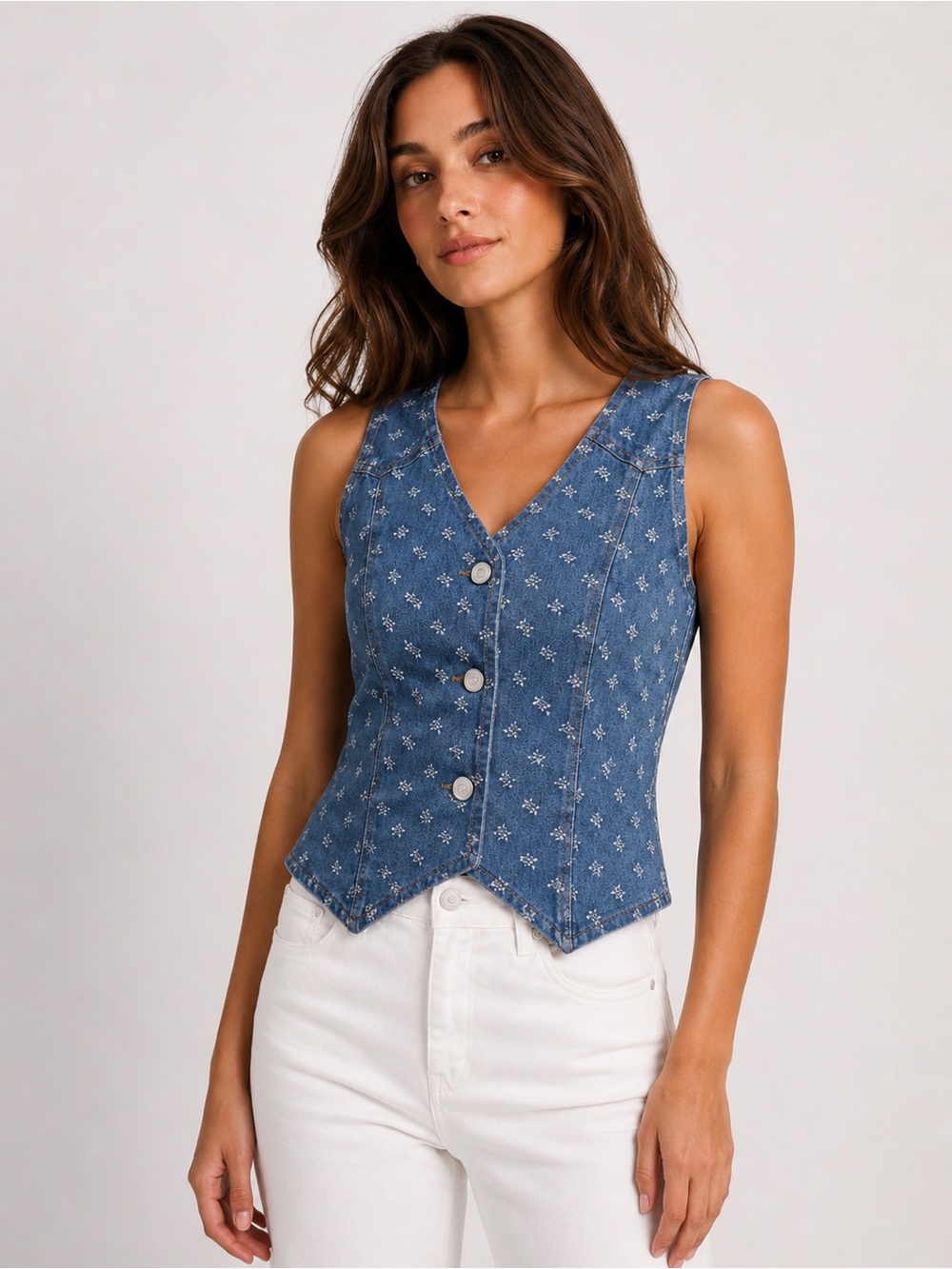 The Nu Vintage Denim Embroidered Vest - Light Blue M